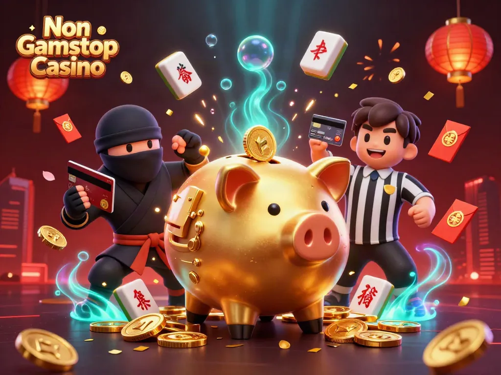 Experience the Non Gamstop Casino excitement with golden piggy bank sumo wrestler and colorful gaming elements.