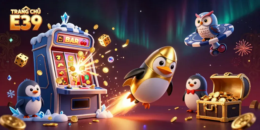 Experience the excitement on TRANG CHỦ E39 with a golden penguin heading to a vibrant casino.