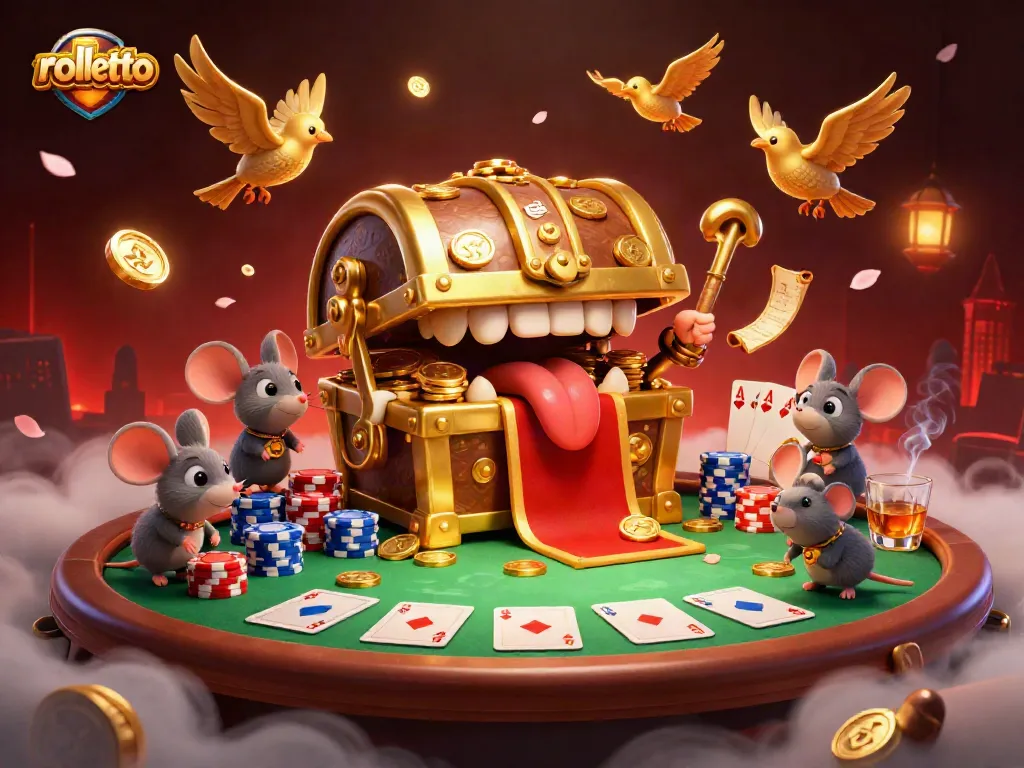 Experience the thrill of rolletto with vibrant cartoon treasure and poker elements in a dynamic casino setting.