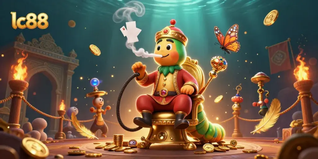 Engaging lc88 gaming scene with a caterpillar hookah-master and poker-themed elements.