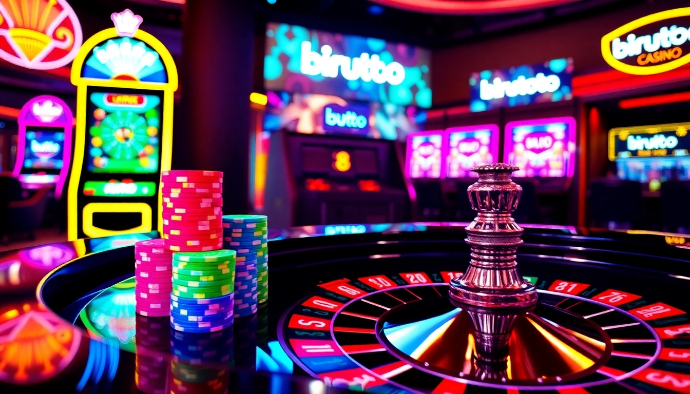 Experience thrilling gaming action at birutoto with roulette chips and slot machines in a vibrant casino.