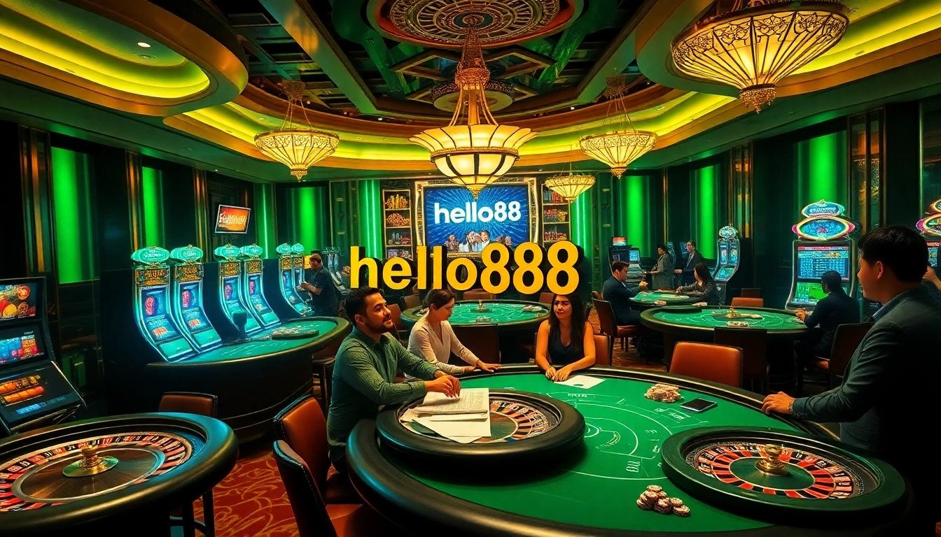 Players engaged in high-stakes casino action, featuring vibrant Hello88 branding and luxury ambiance.