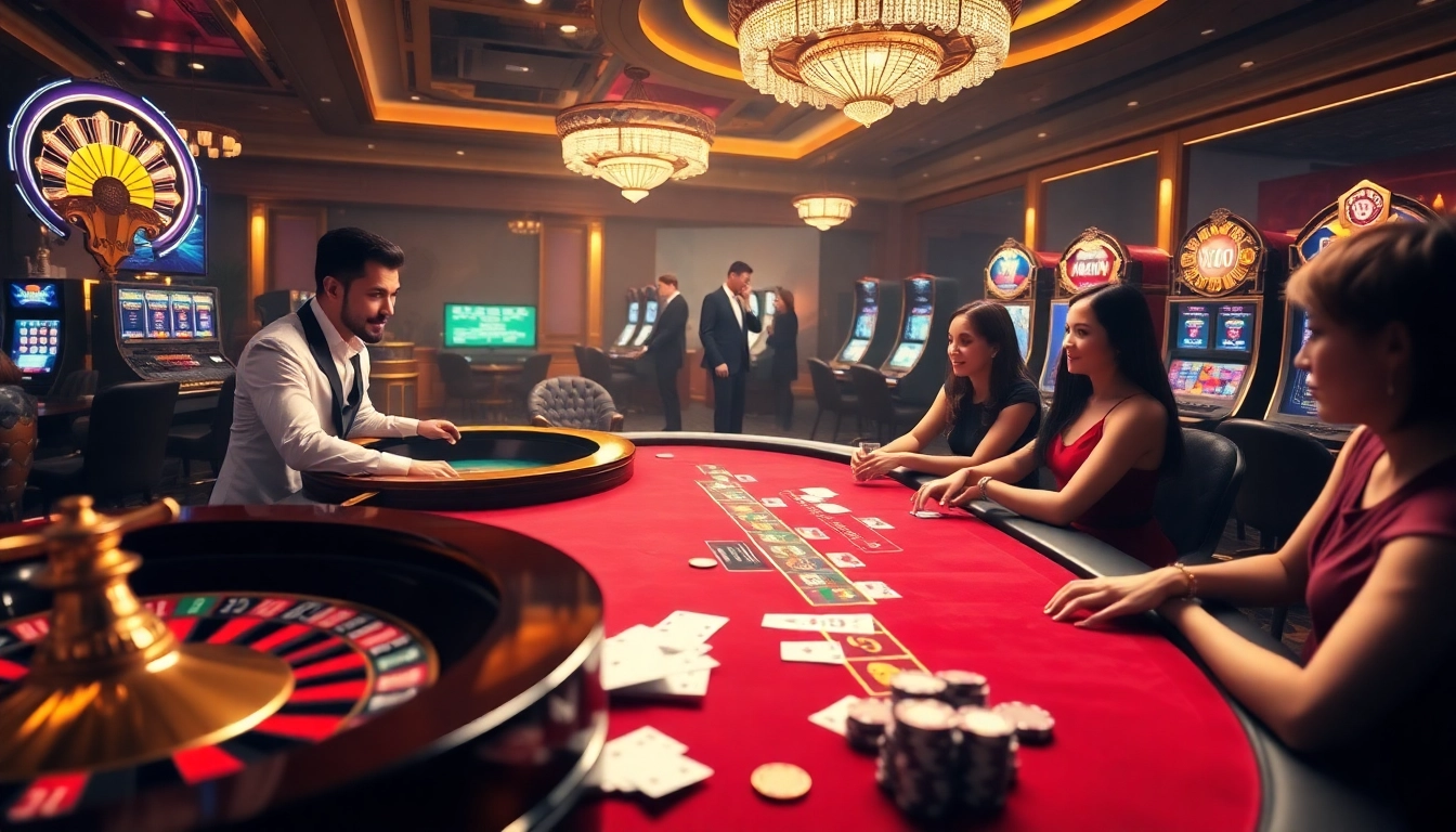 A vibrant casino scene highlighting players at rr88.com engaging in roulette, poker, and slot machines.