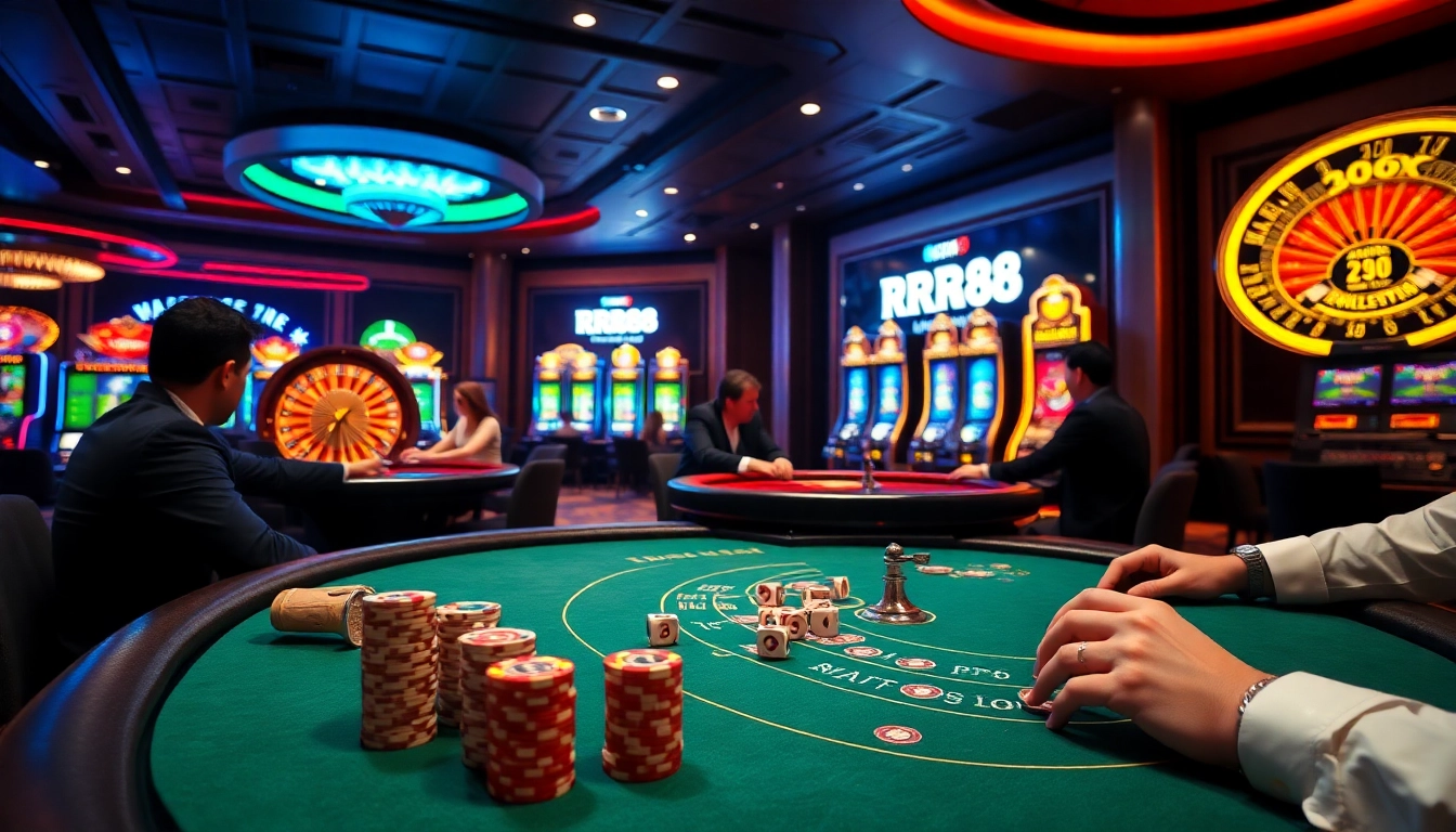 Players enjoying their RR88 gaming experience at casino tables filled with vibrant colors and excitement.