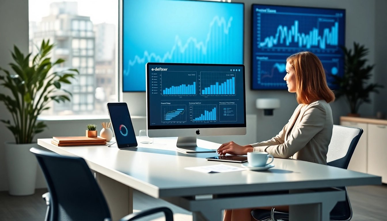 E-defter software interface in a modern office setting, conveying professionalism and innovation.