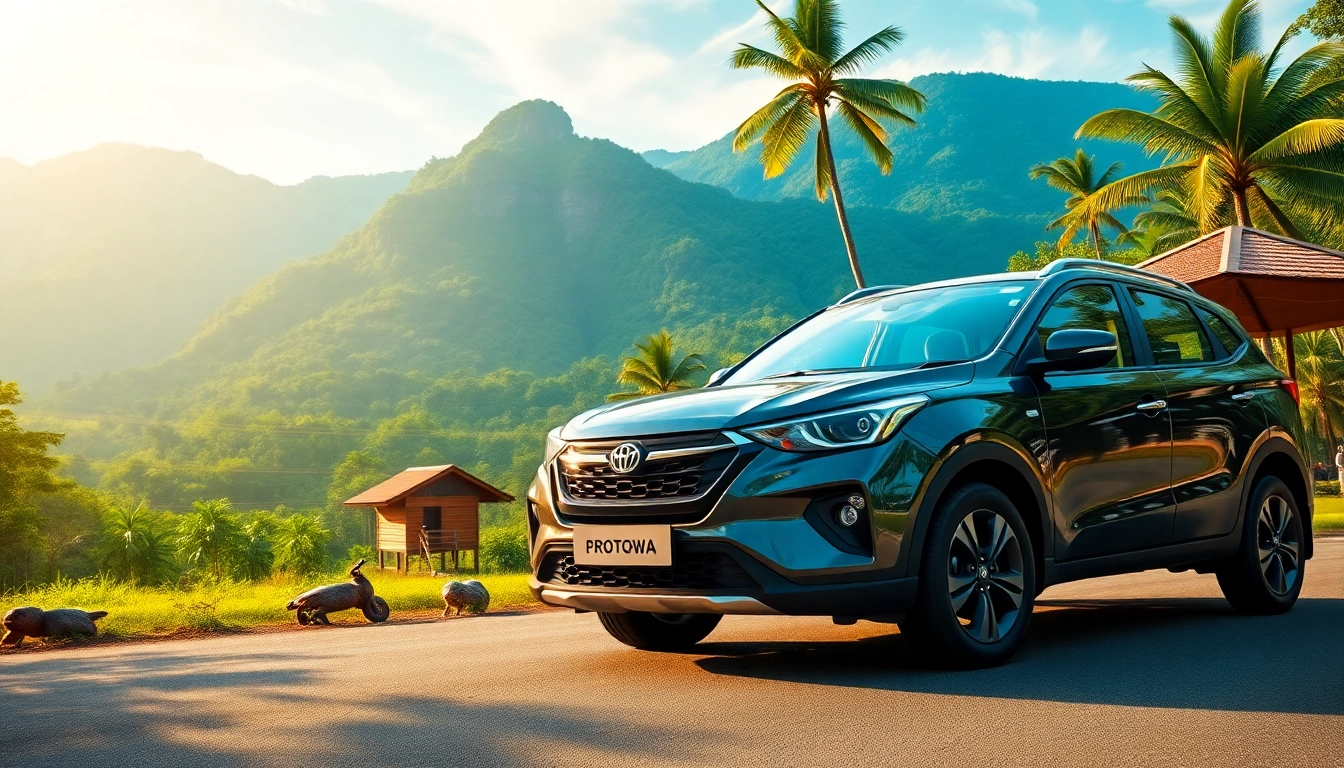 Kuching rent car highlighted in a scenic landscape with Bako National Park in the background, showcasing exploration.