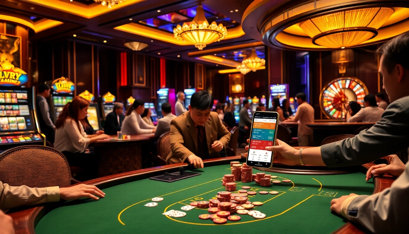 Gamblers enjoying a luxurious casino experience with 상품권신용카드 represented through digital apps and poker tables.