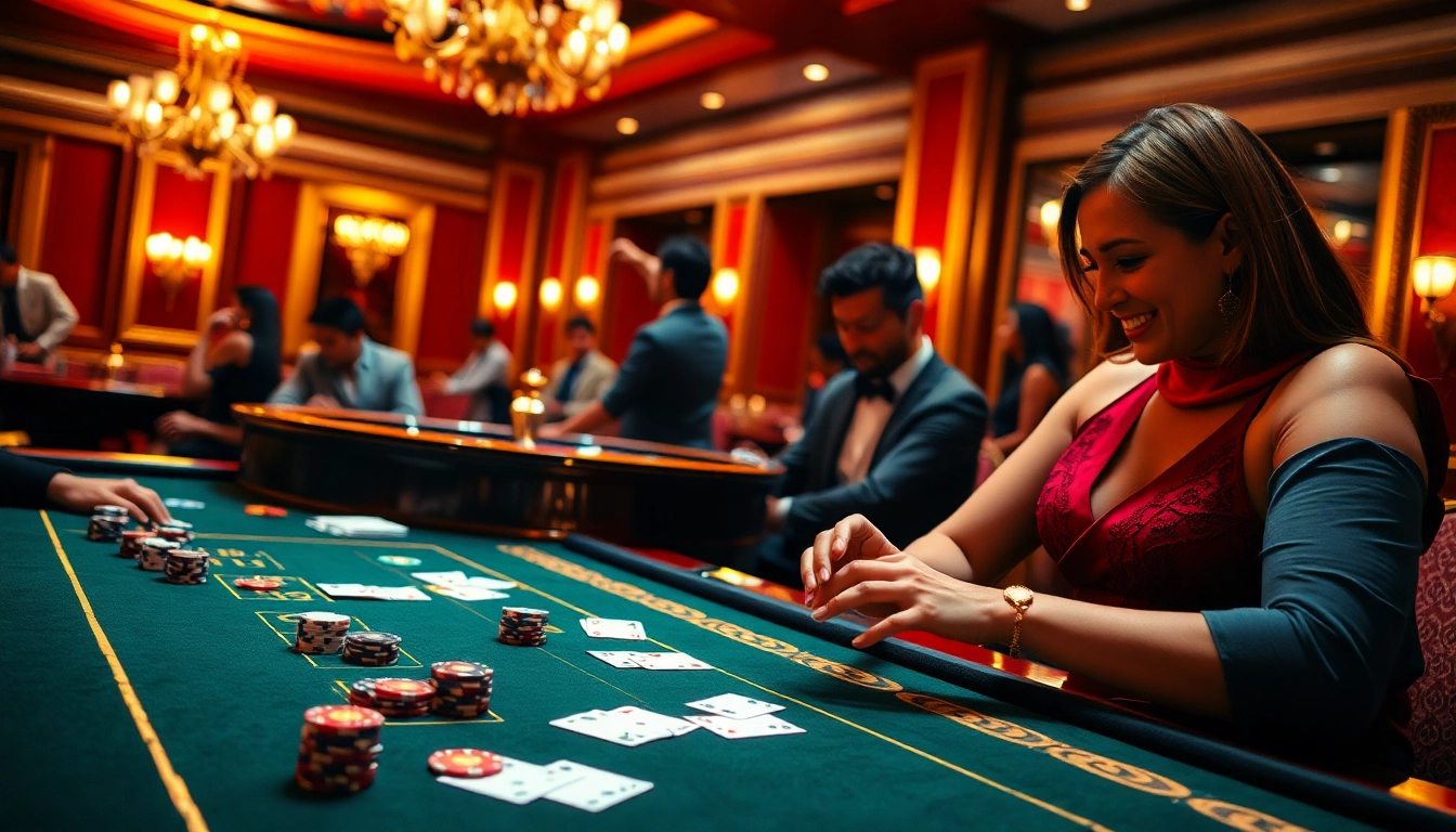 Situs Slot Terpercaya scene featuring engaged players at a luxurious casino, enjoying roulette and poker.