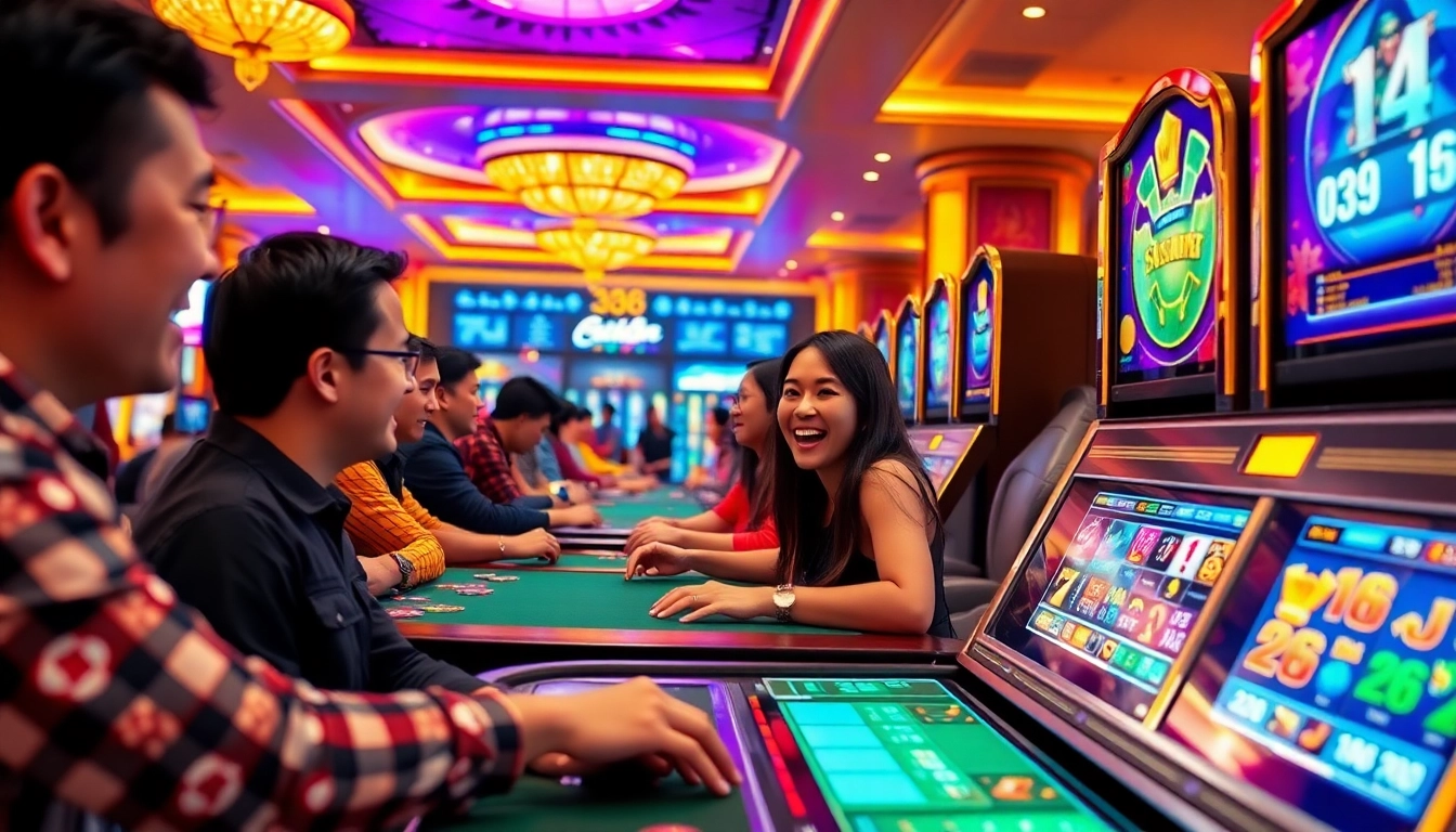 Engaging scene of Nhà cái SC88 casino with players enjoying colorful gaming machines.