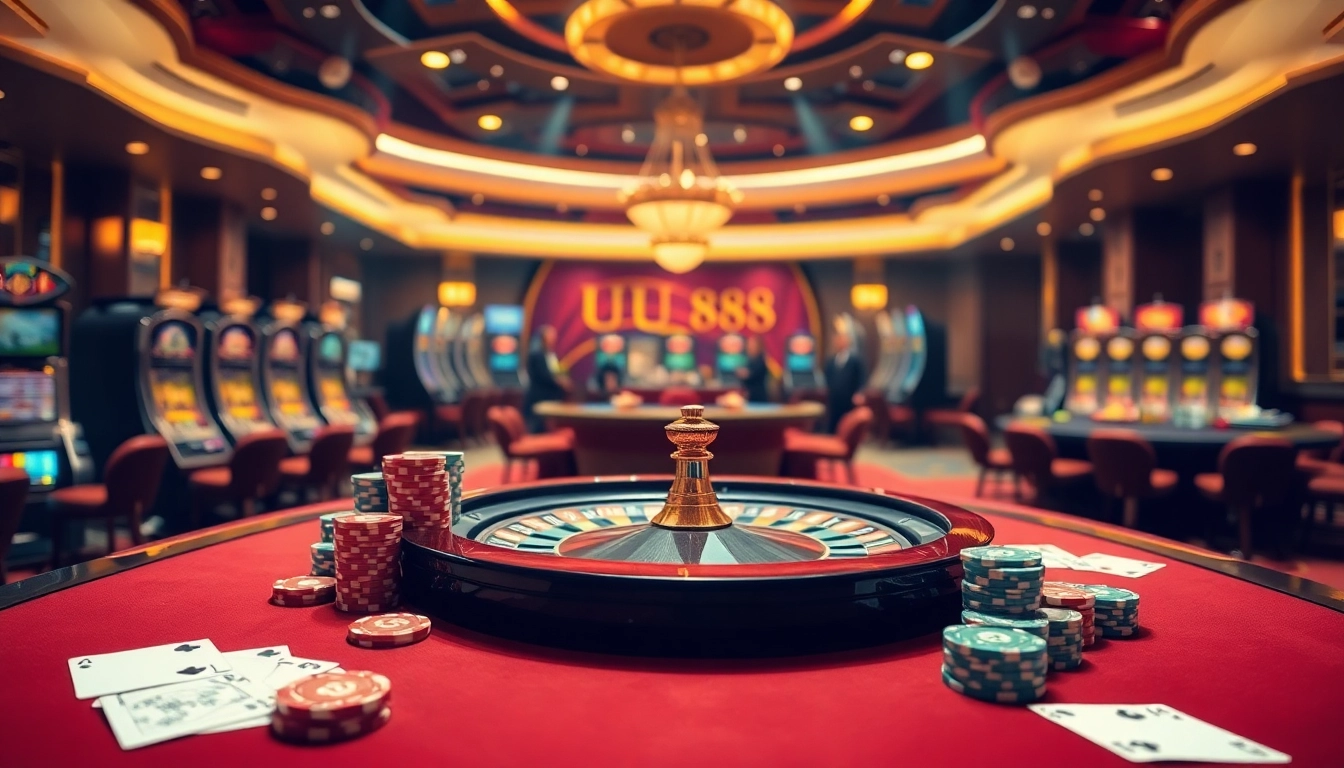 Experience high-stakes action at UU88 with vibrant poker chips and roulette wheel in a luxurious casino setting.