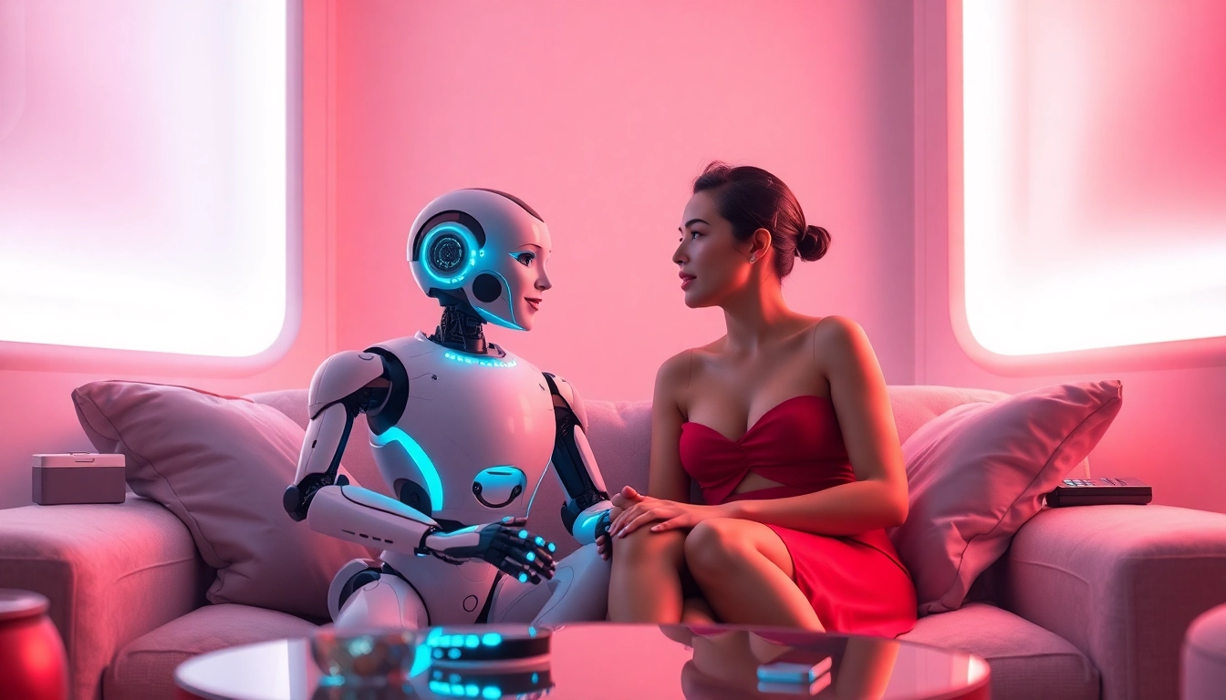 AI sex bot interacting warmly with users in a cozy, futuristic setting.