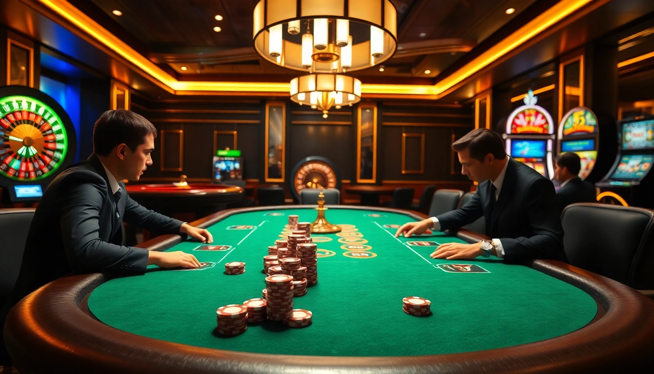Engaging casino atmosphere illustrating XX88 HOW with players at a poker table and vibrant gambling elements.