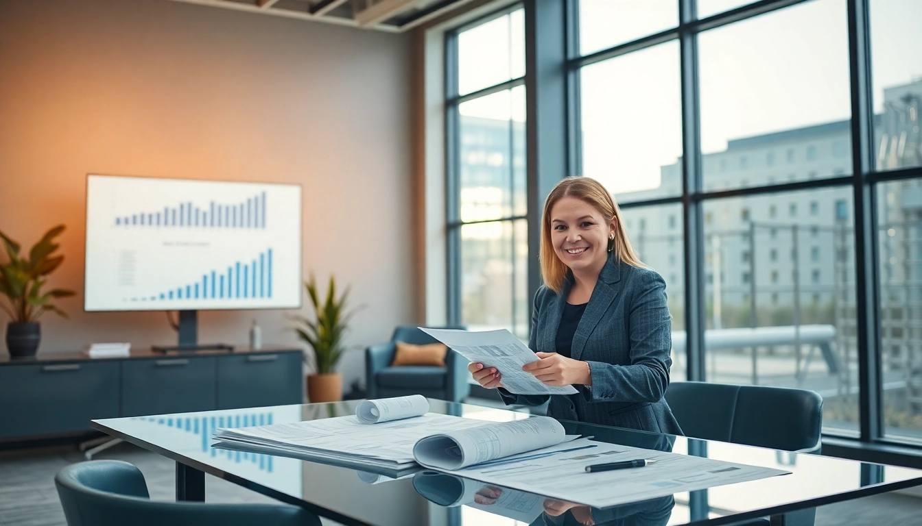 Biuro rachunkowe dla firmy budowlanej z profesjonalnym księgowym przeglądającym dokumenty w nowoczesnym biurze.