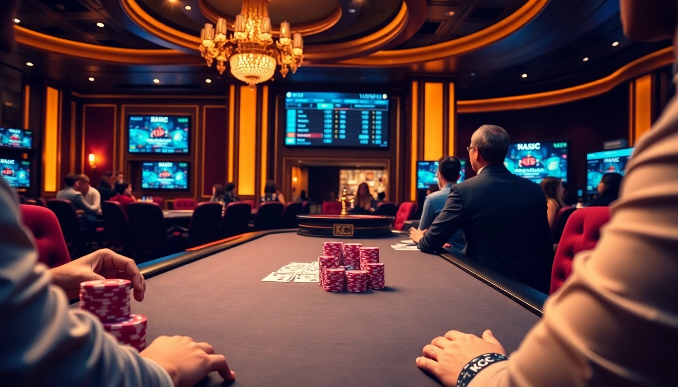 KJC poker players engaging in a high-stakes game at a luxurious casino table.