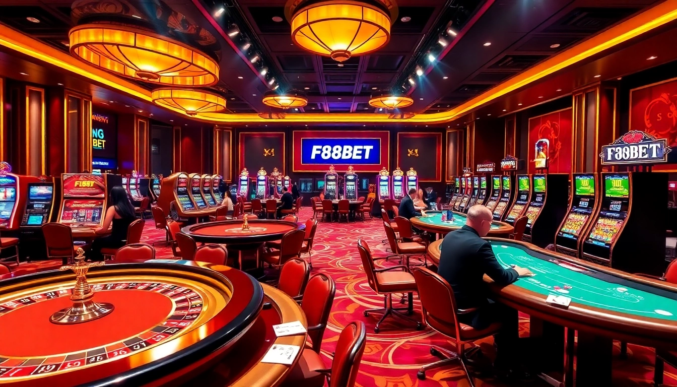 Experience the excitement of F88BET in a luxurious casino filled with games and vibrant energy.