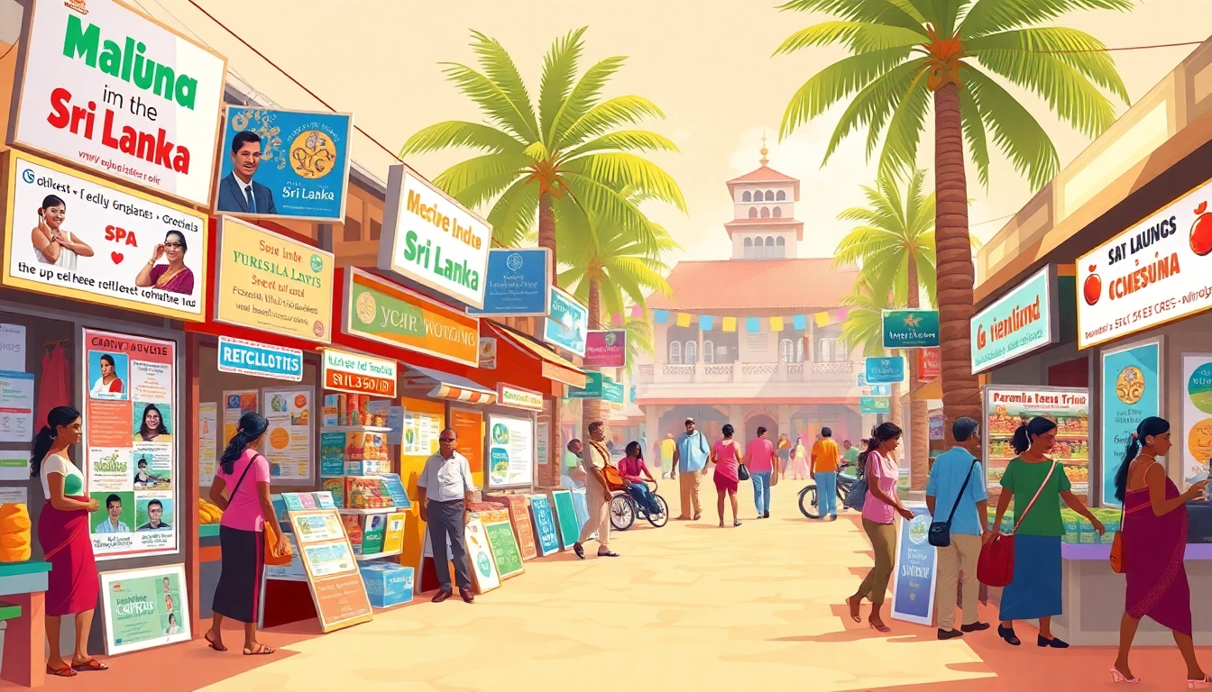 Lanka Ad showcasing a lively Sri Lankan marketplace with colorful stalls and diverse advertisements.
