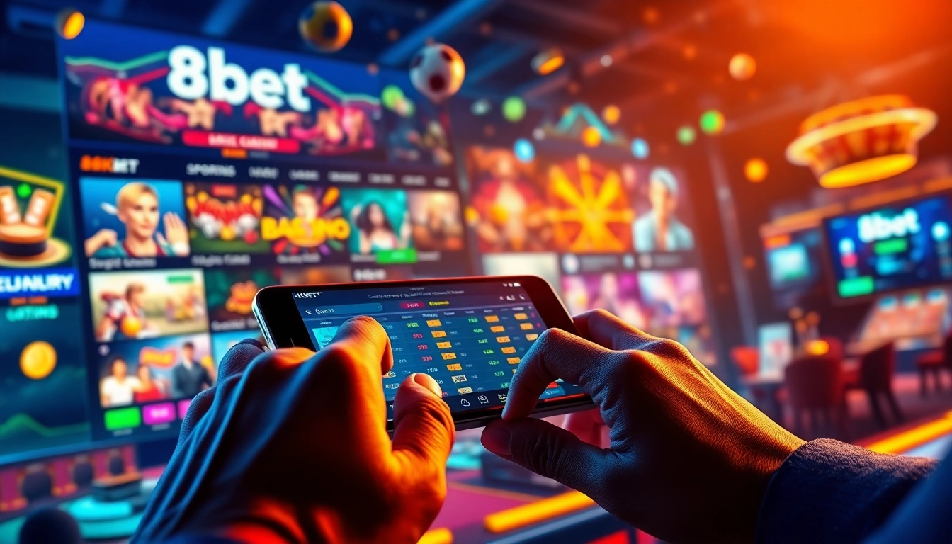 Engaging visual of 8Kbet's online betting platform showcasing modern gaming and vibrant interactions.