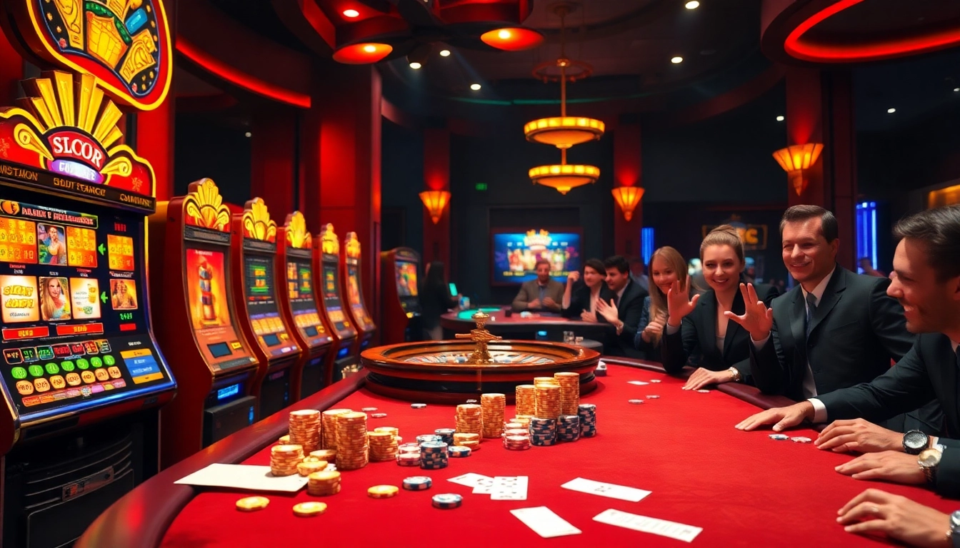 Excited players engaging with Slot Gacor at vibrant casino tables with colorful machines.