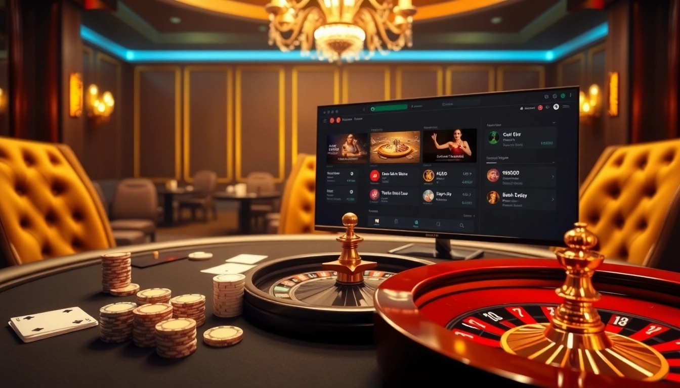 Exciting online gambling scene at https://f168.studio/ with poker chips and roulette wheel.