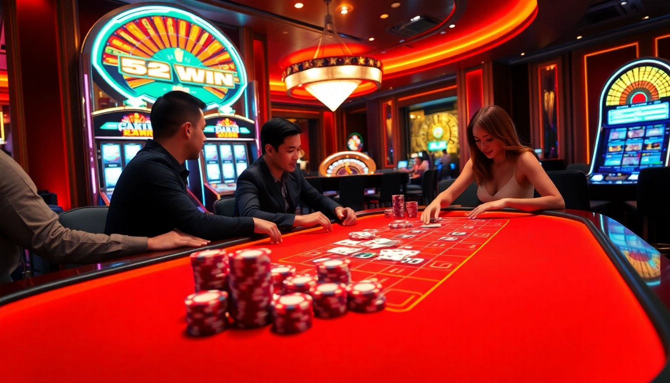 Players celebrating their success at a poker table showcasing the excitement of 52WIN in a luxurious casino atmosphere.