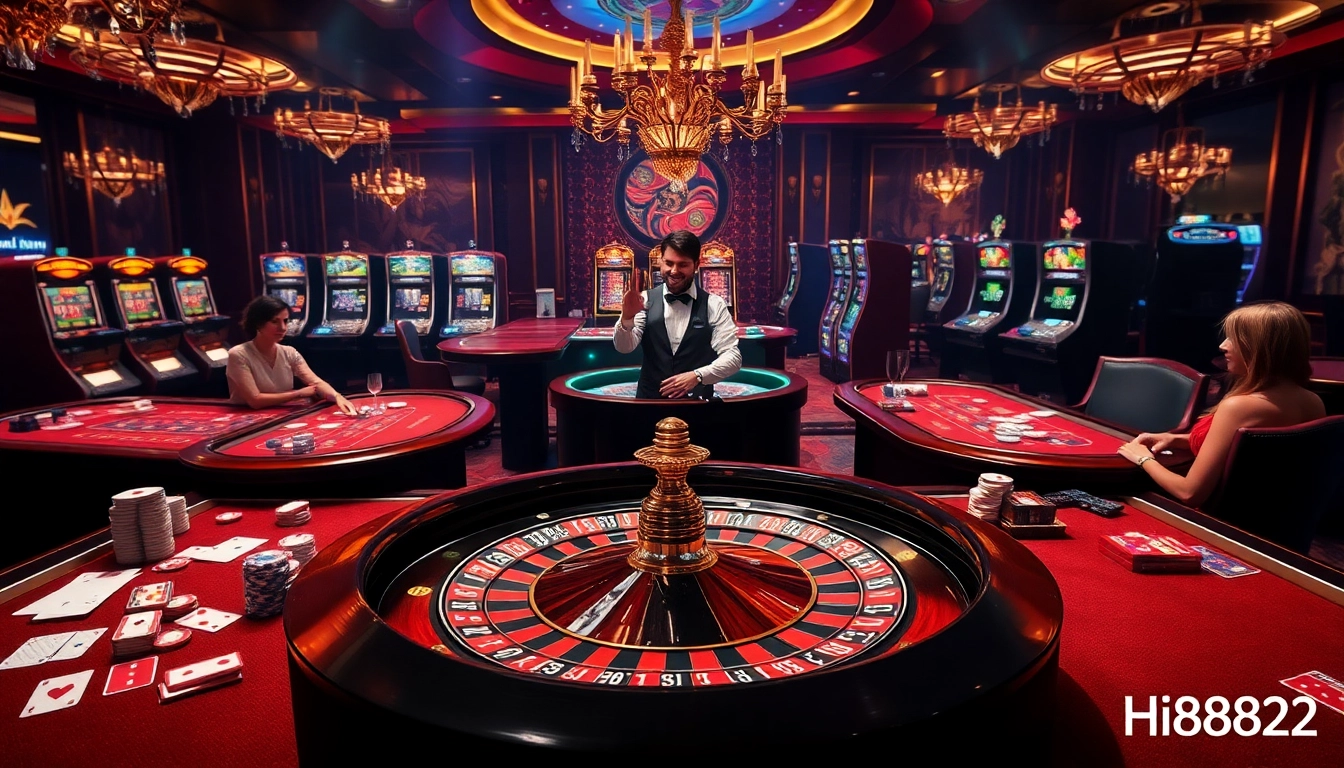 Experience the excitement of winning at Hi8823 in a luxurious casino setting with roulette and cards.