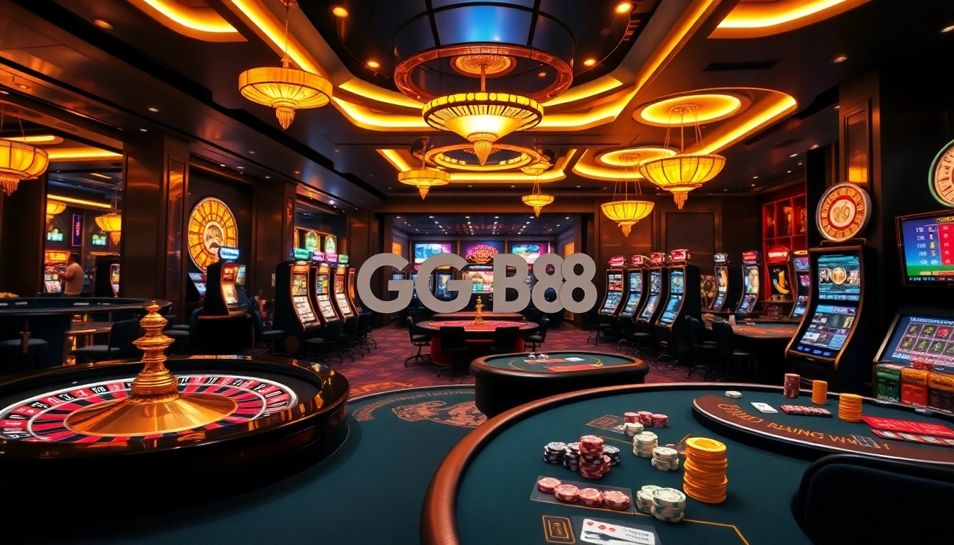 Experience the thrilling gaming atmosphere at GG 88 with vibrant slots, poker tables, and roulette wheels.