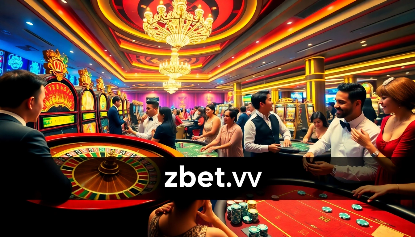 Exciting casino scene with players at roulette and slot machines, highlighting zbet vn gambling excitement.