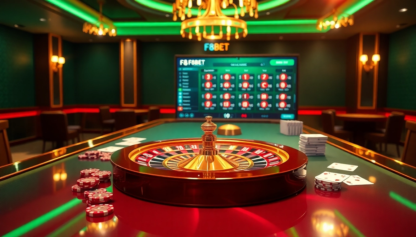 Experience the thrill of F8BET with a vibrant casino scene featuring a spinning roulette wheel and poker chips.