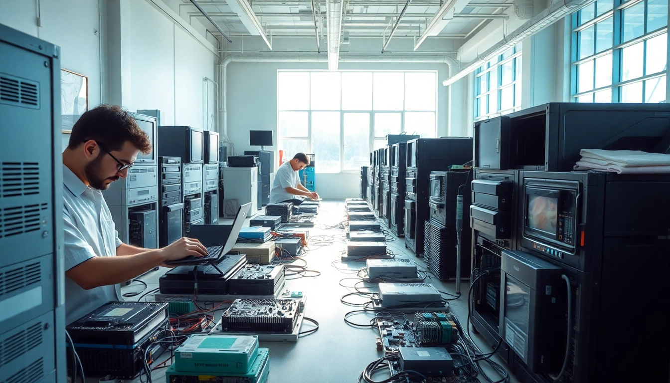 Engaging scene of IT recycling newbury showcasing technicians repairing electronics in an eco-friendly setting.