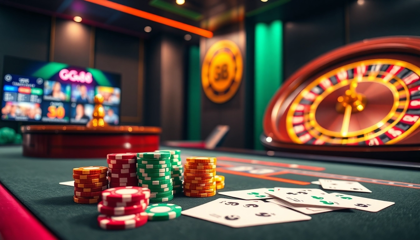 Engage with GG88's vibrant online casino experience showcasing poker chips and games.
