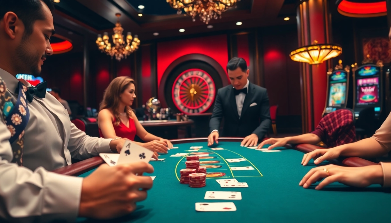 Experience the thrill at Trang Chủ BJ88's blackjack table with elegant players and vibrant casino elements.