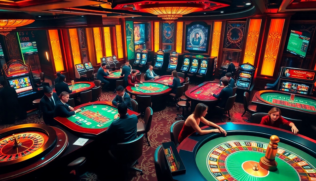 Experience the excitement of Trang chủ RR88 with players enjoying thrilling casino games amid a luxurious setting.