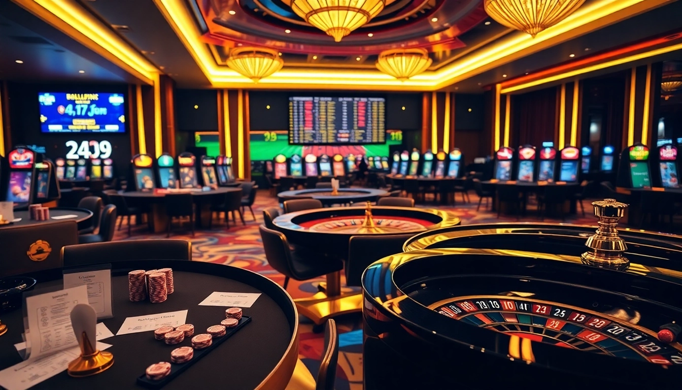 Engaging sports betting scene at https://nhandinhkeonhacai.news/, featuring vibrant casino tables and betting slips.