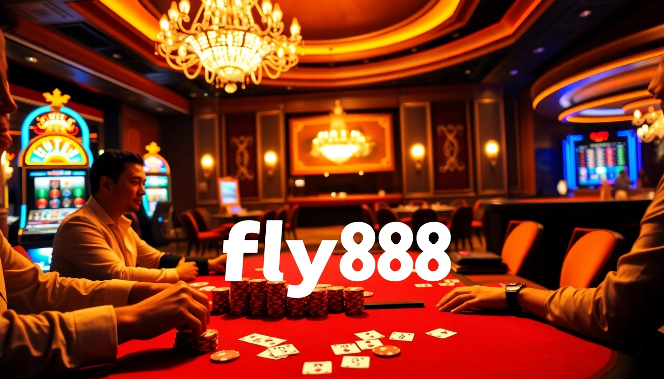 Engaged players at a fly88 poker table showcase luxury and excitement in a vibrant casino scene.