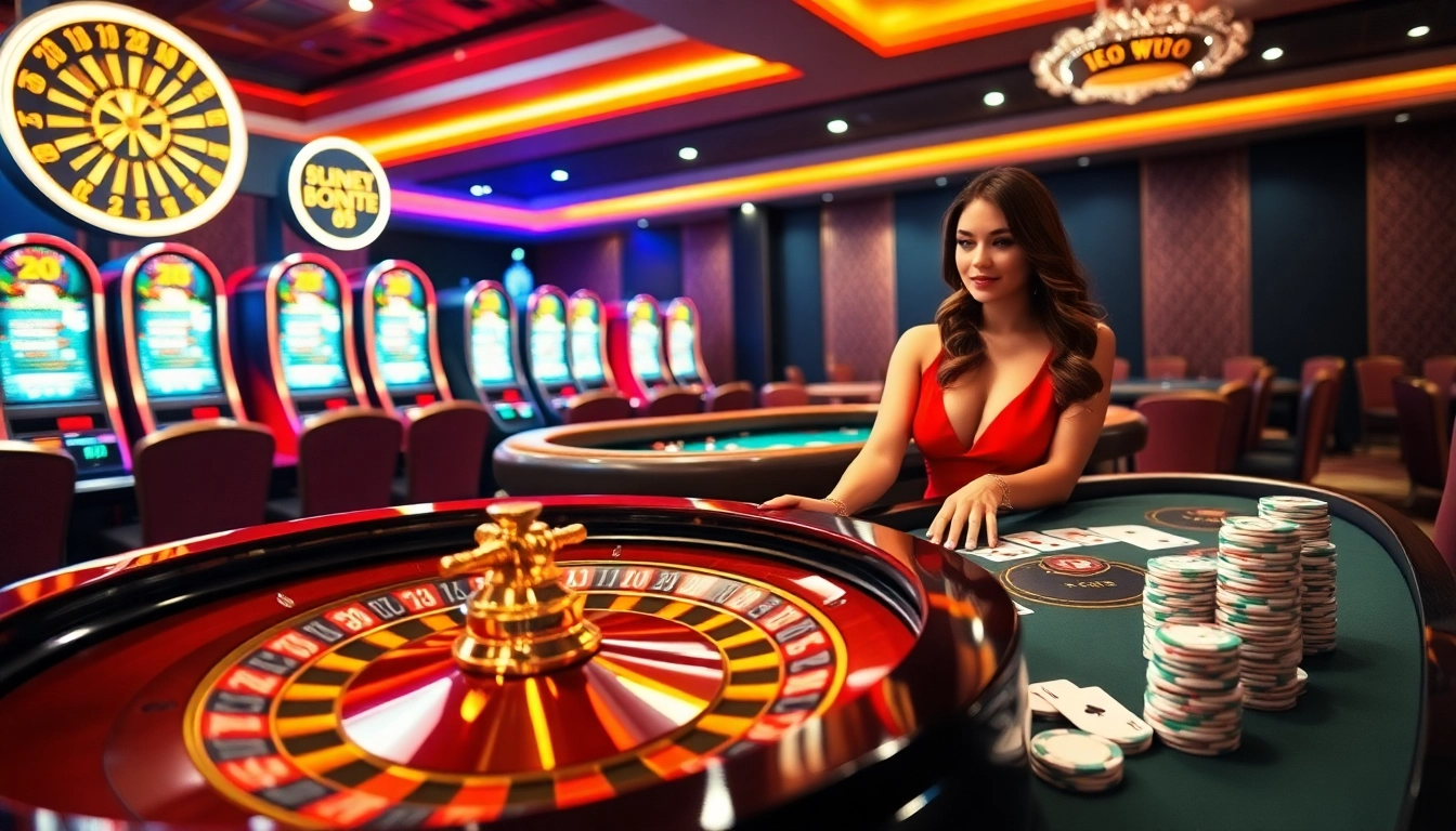 Fun79 gaming scene with roulette wheel and poker chips, emphasizing excitement and elegance.