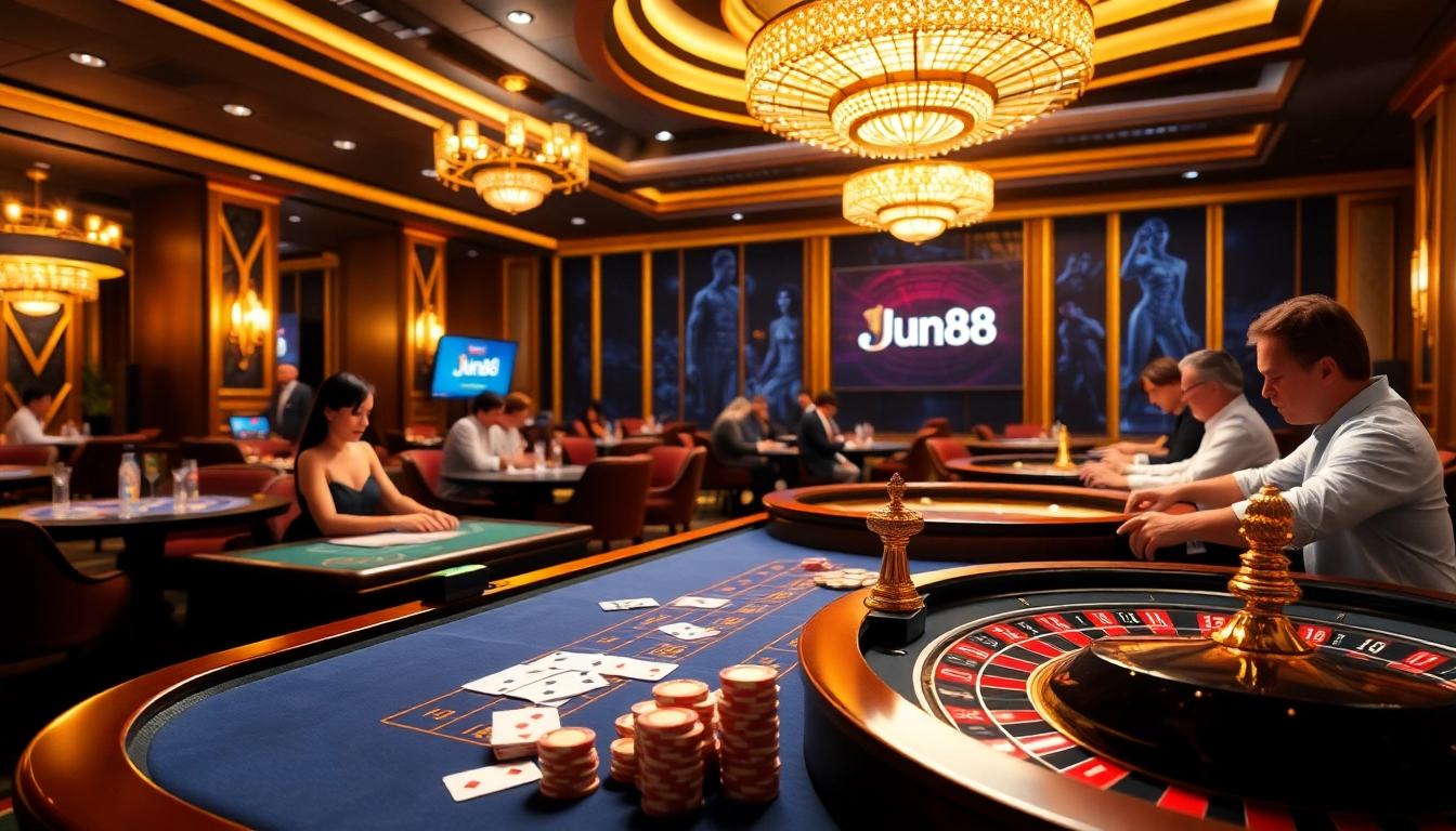 Exciting Jun88 casino scene with players engaged at a live dealer game table, showcasing high-stakes gambling action.