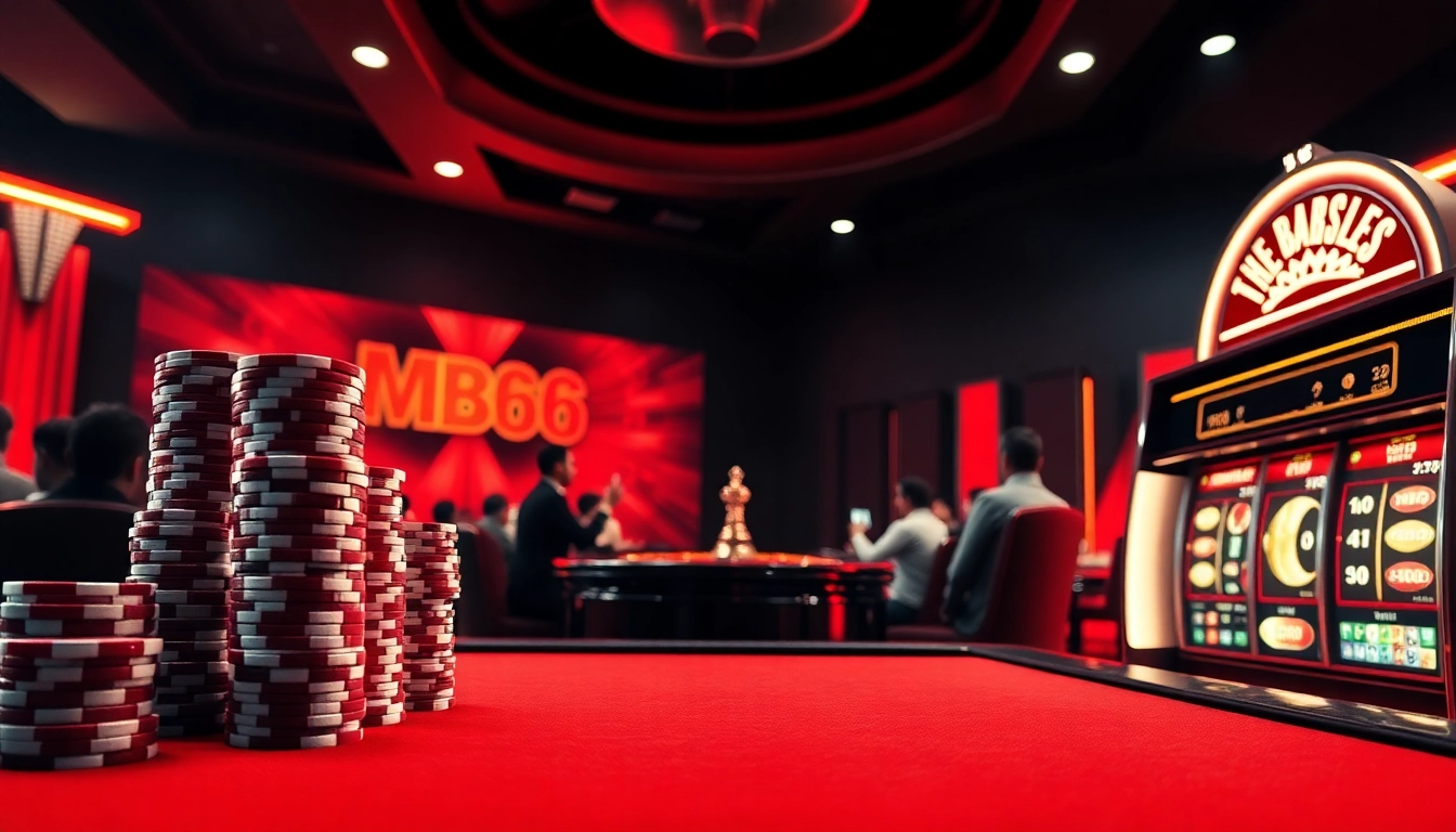Experience thrilling gameplay at https://mb66-t.com/ with vibrant poker chips and a stunning roulette wheel.