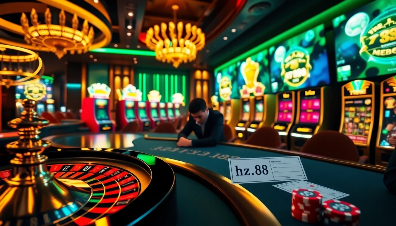 Experience excitement at the online casino hz88 with vibrant slot machines and engaging gaming tables.