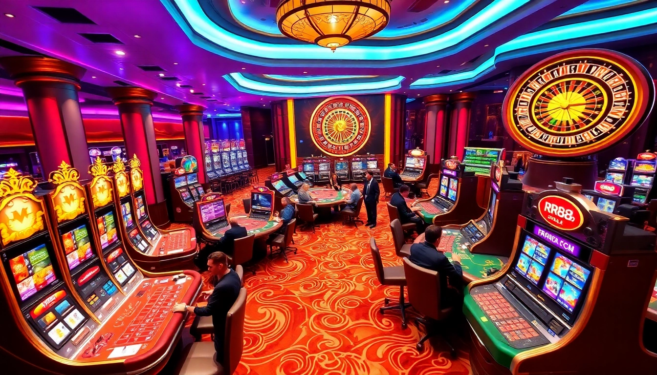 Exciting gambling scene at RR88 casino with players at tables and vibrant slots.