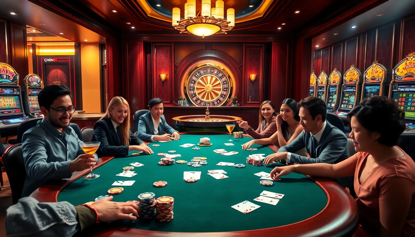 Players enjoy gambling at Thabet's luxurious casino table with poker chips and cards.