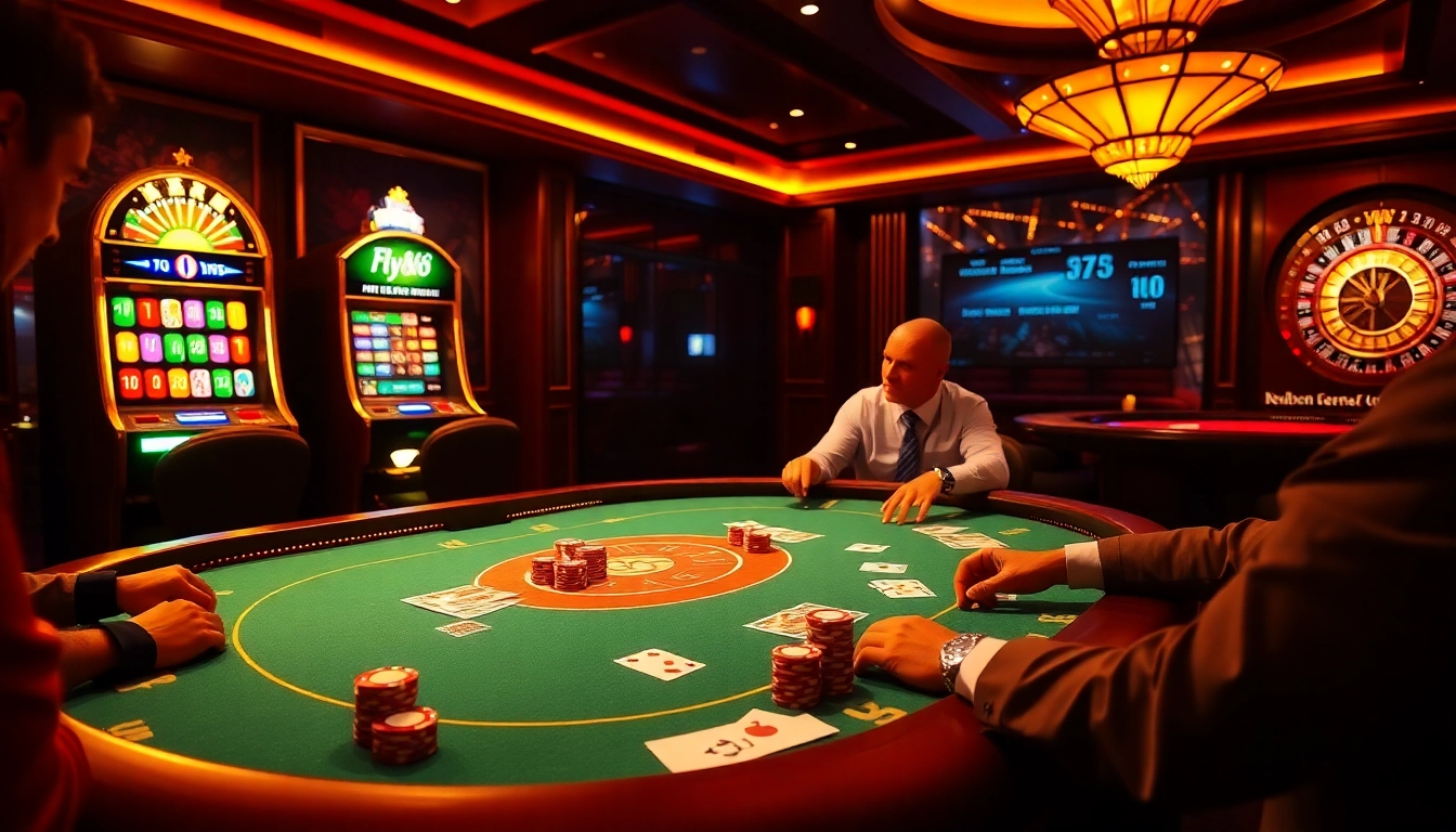 Engaged players at a luxurious fly88 gaming table, surrounded by poker chips and playing cards.