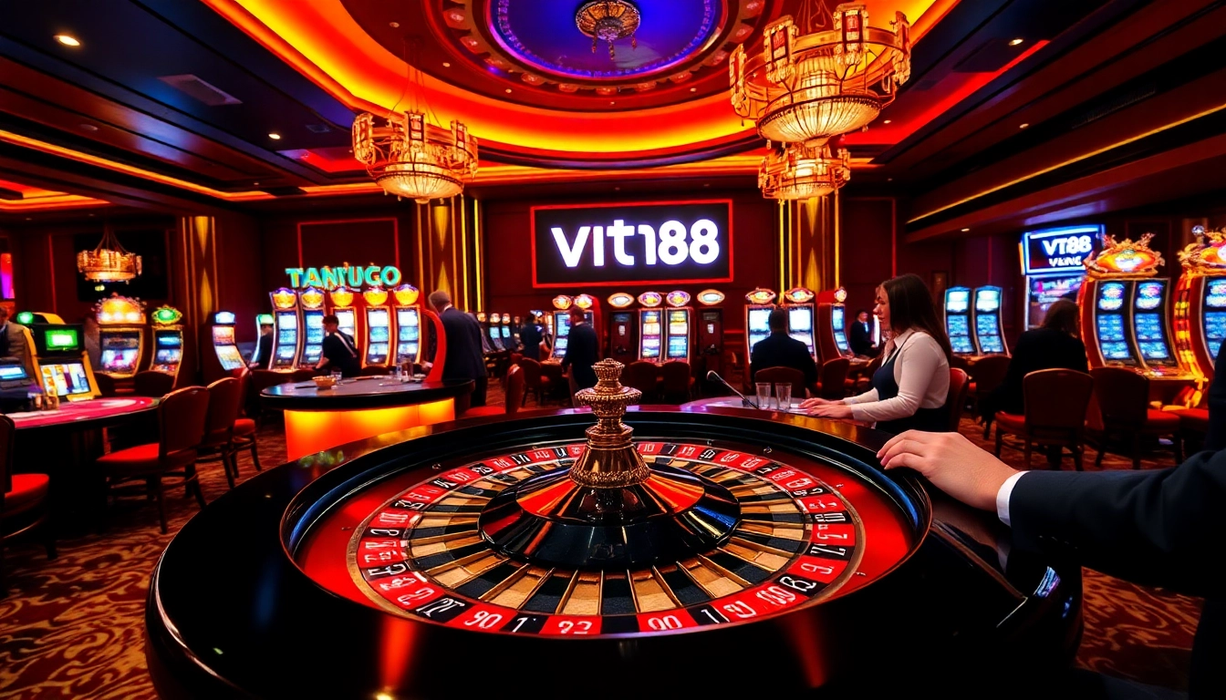 Experience the excitement at VT88 casino with players enjoying roulette and vibrant slot machines.