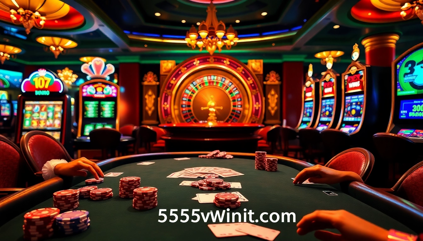 Experience the excitement of gambling at https://555win1.it.com with vibrant casino visuals featuring poker tables and roulette wheels.