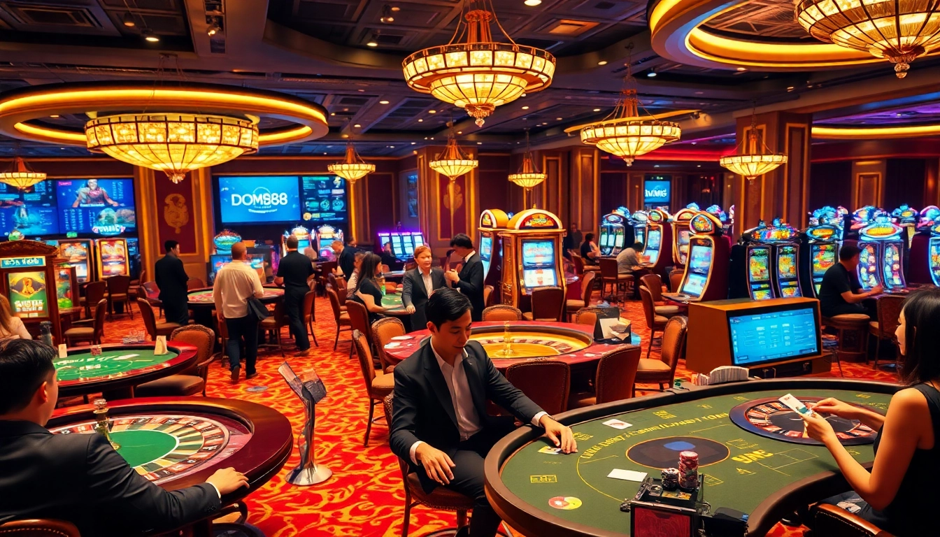 Experience top-tier gambling at dom88.us.com with vibrant casino visuals featuring elegant tables and professional dealers.