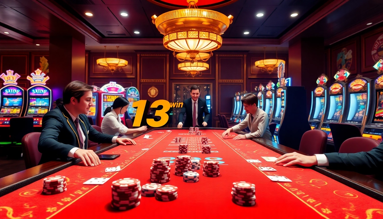 Experience the thrill of betting at 13win.com with players enjoying vibrant casino tables and slot machines.