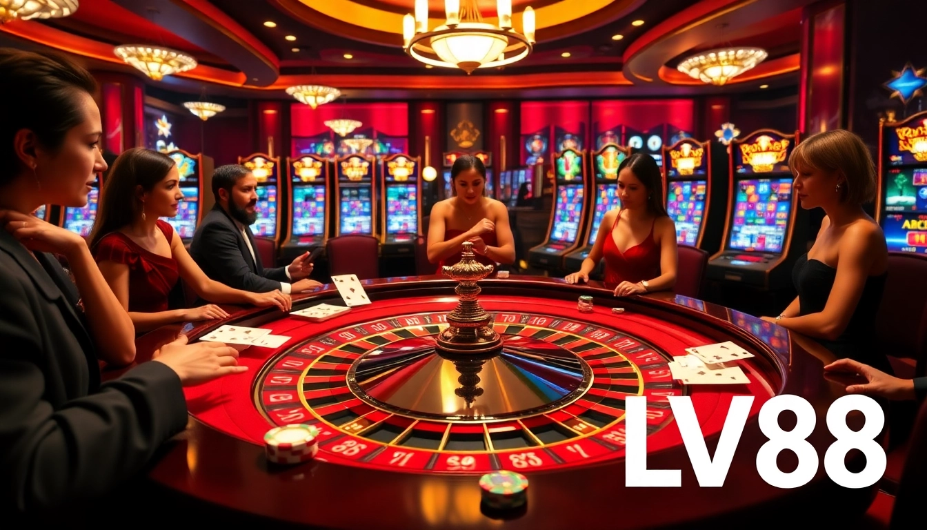 Casino players thriving at LV88 roulette table, showcasing high-stakes excitement and glamour.