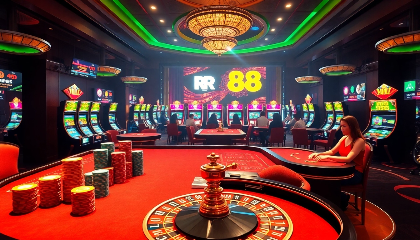 The excitement of gambling at RR 88 online casino with poker chips and a roulette wheel.