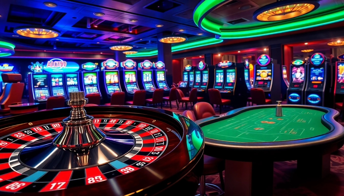 A vibrant casino scene capturing the excitement of gambling at ALO789 with a roulette wheel, poker table, and online interfaces.