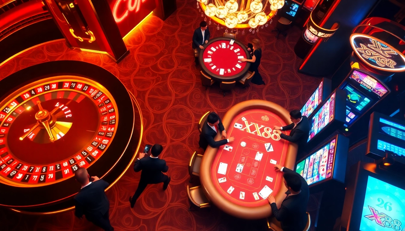 Experience the thrill of XX88 with luxurious casino gaming, featuring poker tables and slot machines.