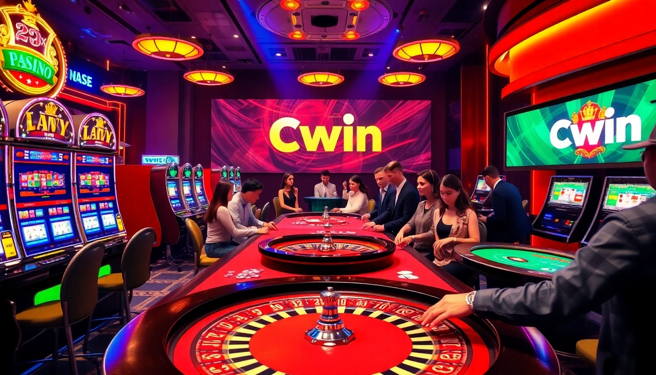 Cwin casino players engaging in exciting games at luxurious tables in a vibrant atmosphere.
